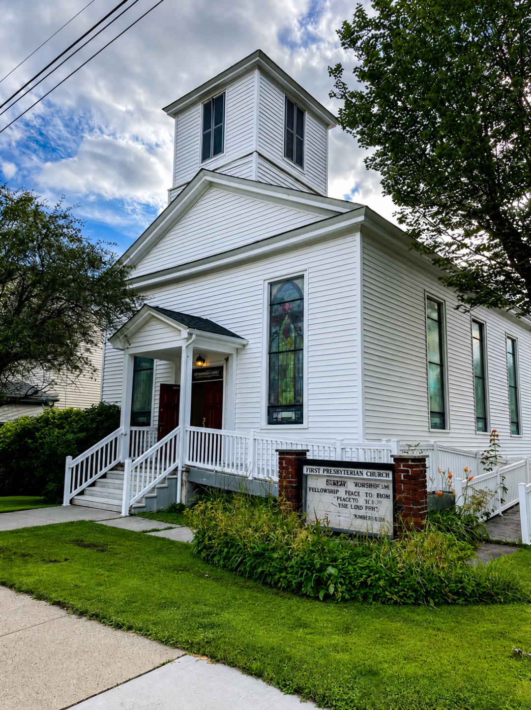 Waymart Presbyterian Church building with white steeple, stained glass windows and welcoming doors