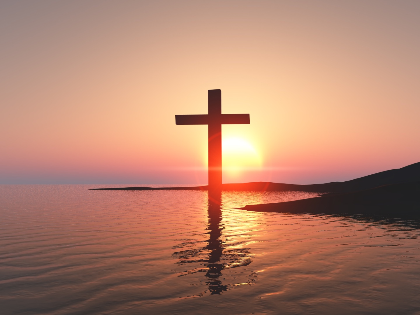 Silhouette of a cross at sunset reflected in still water, illustrating the theme Little Ripples, Big Changes